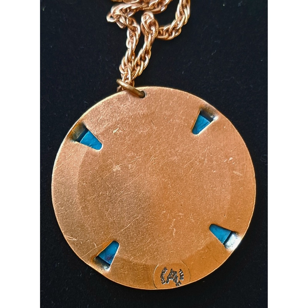 Copper By Bell Blue Marbled Glass Thunderbird Southwestern Pendant 28" Necklace - Picture 2 of 7